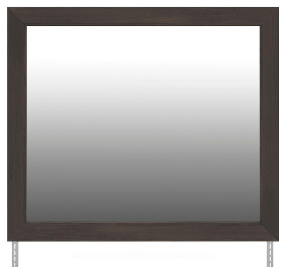 Dark brown wall bedroom mirror with rectangular frame and reflective glass panel