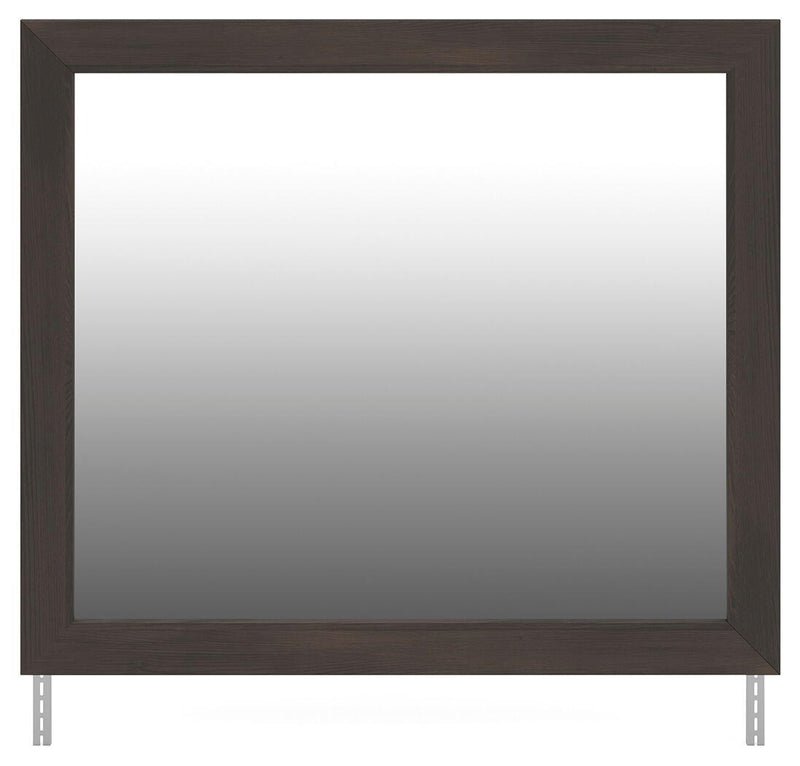 Dark brown wall bedroom mirror with rectangular frame and reflective glass panel