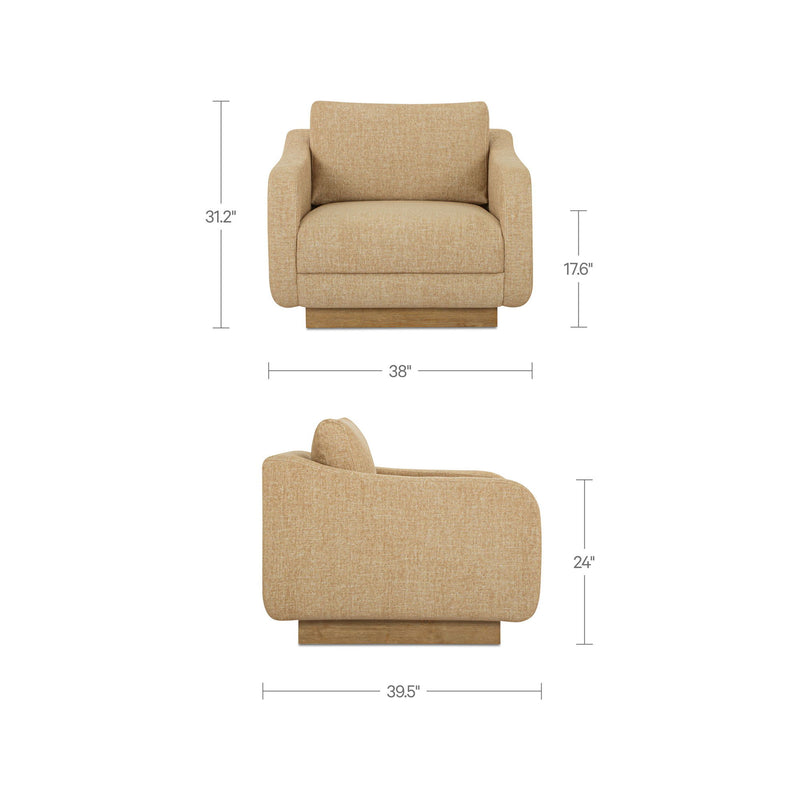 Ochre accent chair front and side view with upholstery and overall dimensions