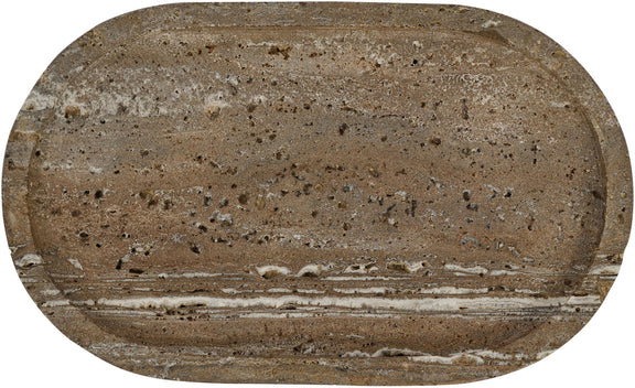 Brown-speckled travertine tray base with visible layered groove lines