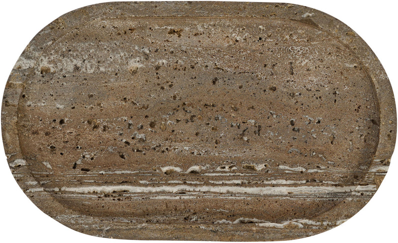 Brown-speckled travertine tray base with visible layered groove lines