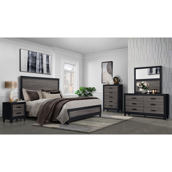 Gray nightstand with two drawers, black trim, and tapered legs
