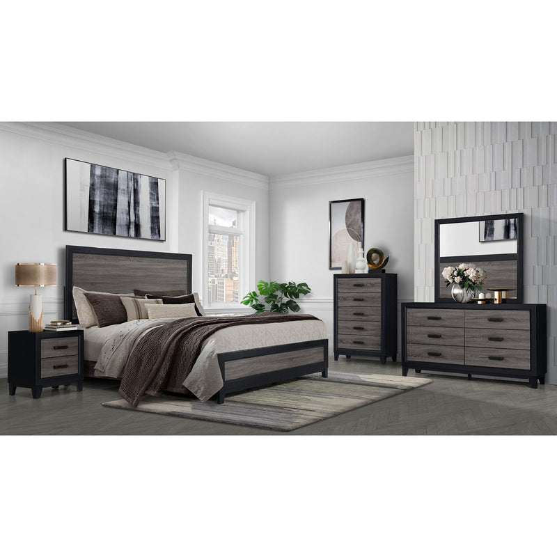 Gray nightstand with two drawers, black trim, and tapered legs