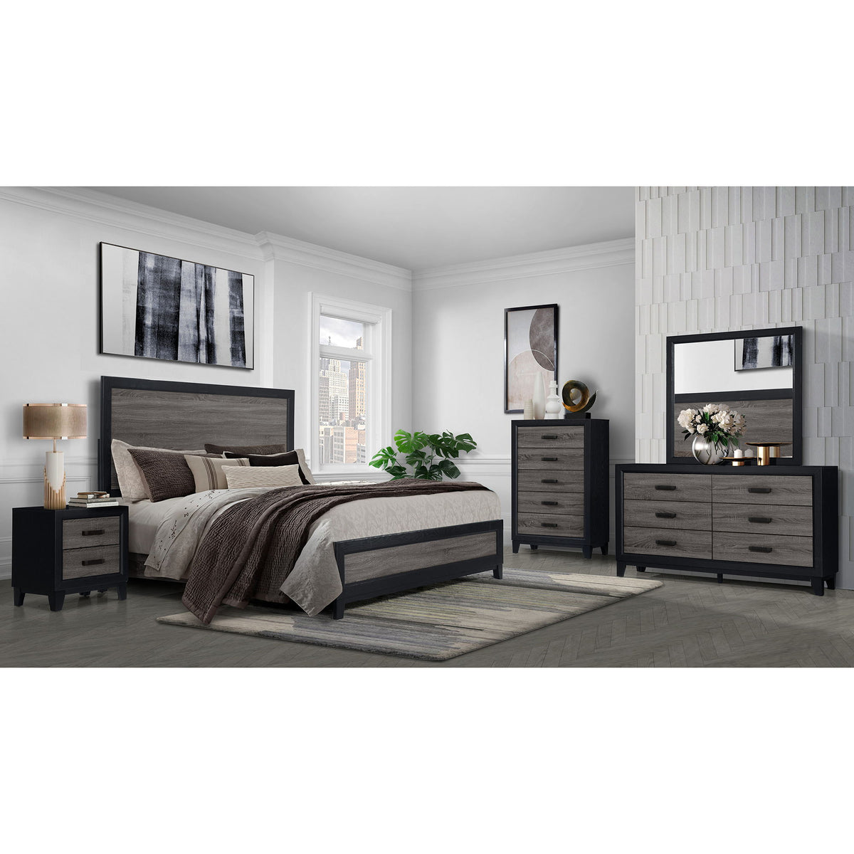 Soluto gray and black chest of drawers with multiple drawers and long pulls