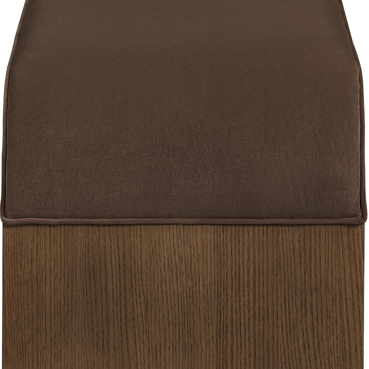 Gray-brown velvet upholstered bench with straight top seam and wooden sides