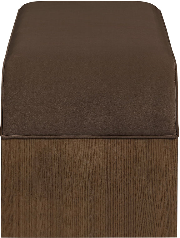 Gray-brown velvet upholstered bench with straight top seam and wooden sides