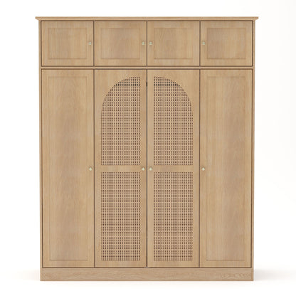 Light brown armoire wardrobe with 4 top drawers and 2 arched rattan door panels