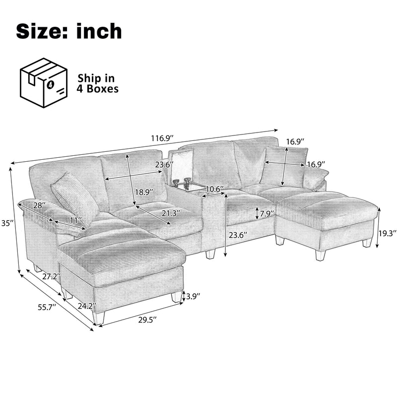 Modern U-Shaped Sectional Sofa With Storage Ottomans