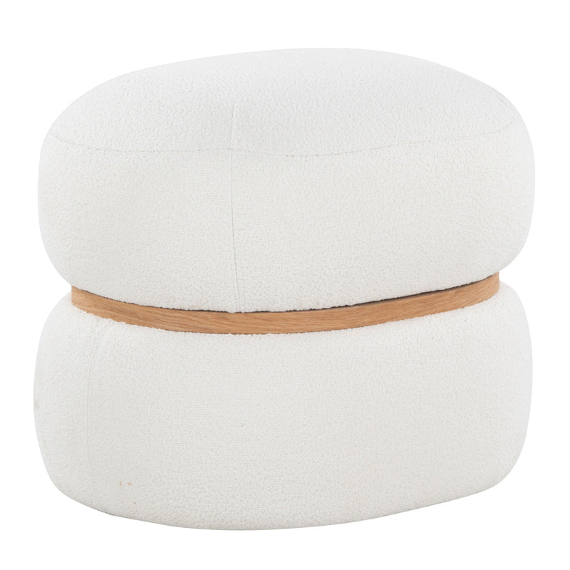White contemporary pouf ottoman with wood ring trim and rounded cushion top