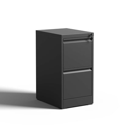 Black vertical file cabinet with lock, two drawers and top horizontal handle