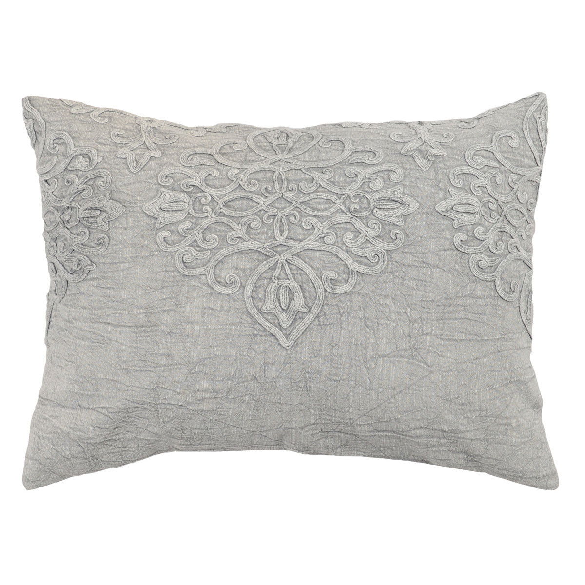 Gray embroidered sham pillow with central floral medallion and scrollwork
