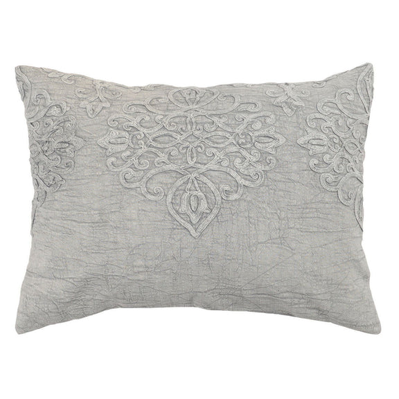 Gray embroidered sham pillow with central floral medallion and scrollwork