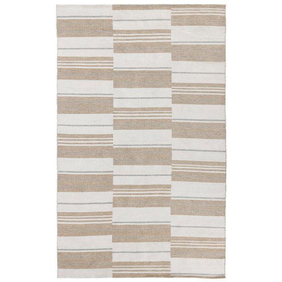 Indoor/outdoor rug with cream and sand patchwork striped blocks