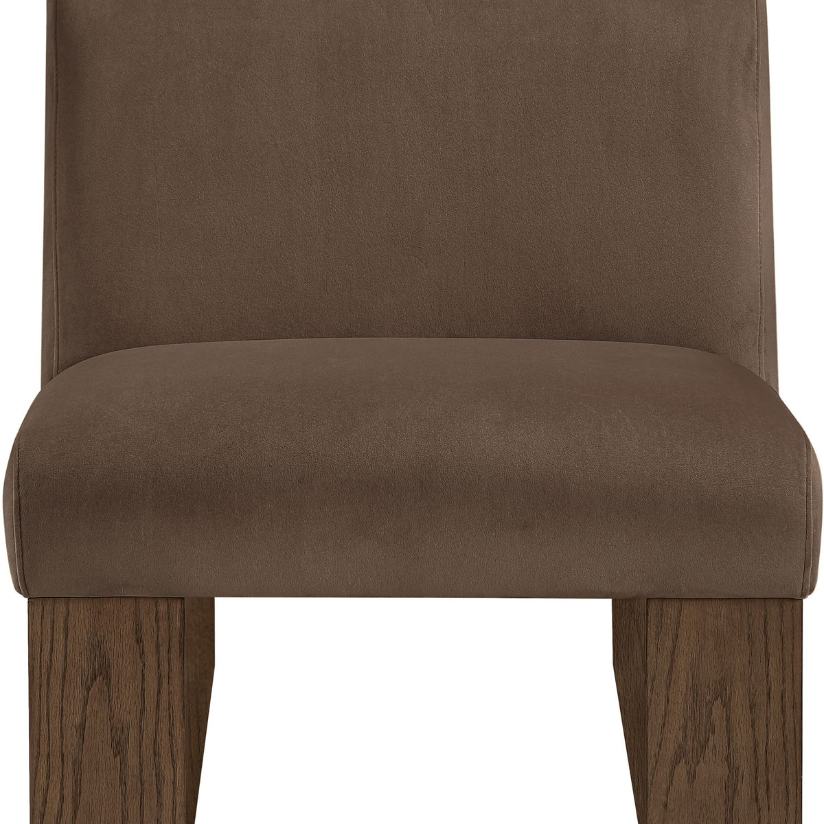 Velvet accent chair with dark brown fabric seat and back, walnut-toned wooden legs.