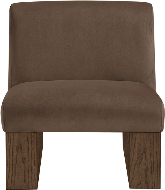 Velvet accent chair with dark brown fabric seat and back, walnut-toned wooden legs.