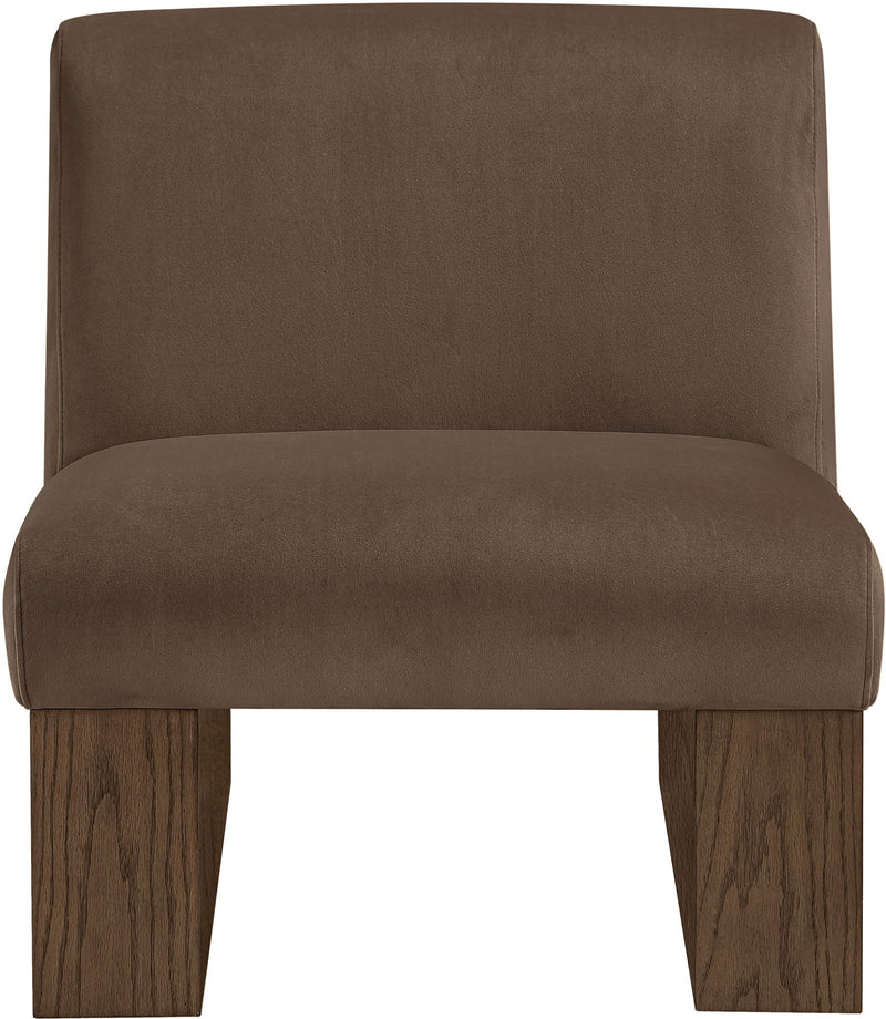 Velvet accent chair with dark brown fabric seat and back, walnut-toned wooden legs.