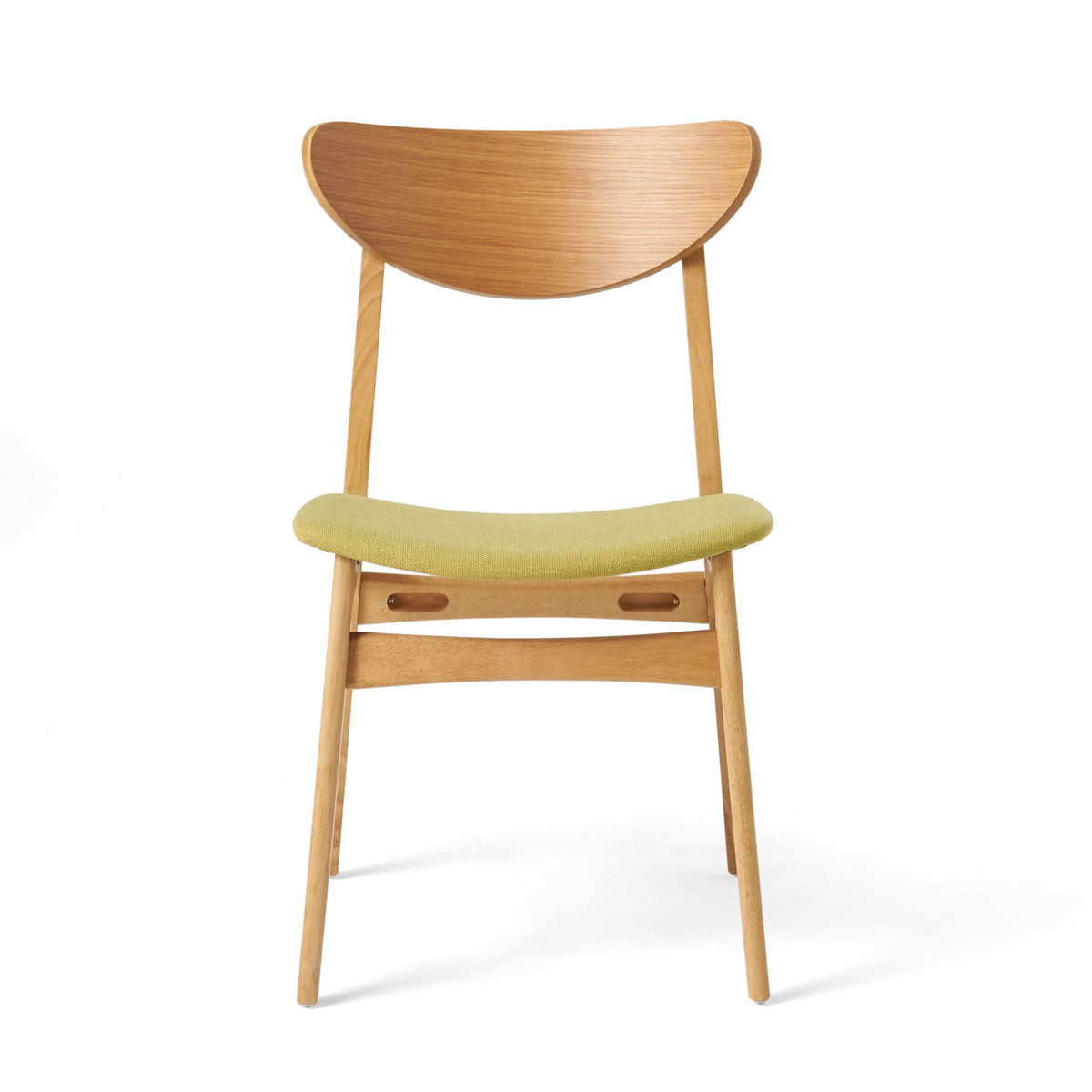 Wood dining chair with curved back and green fabric seat and backrest
