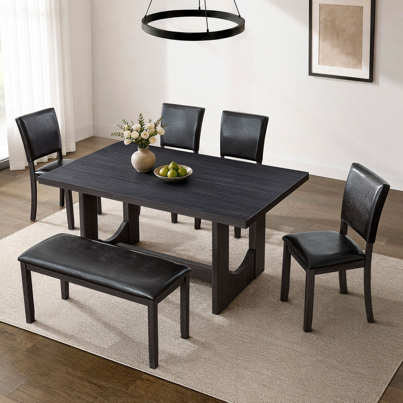 Dining table set with dark table, dark upholstered bench, and dark upholstered chairs