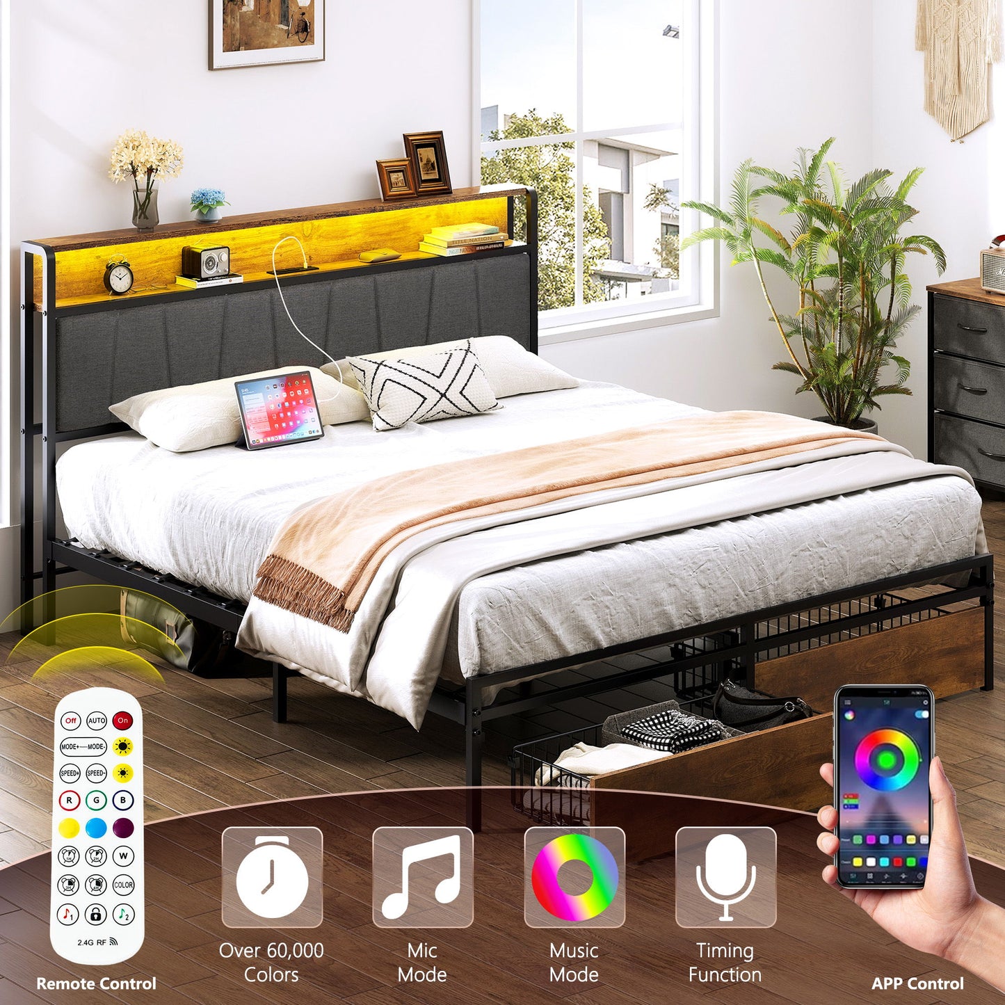 Upholstered Platform Bed Frame With Storage Drawers, USB Ports, LED Lights