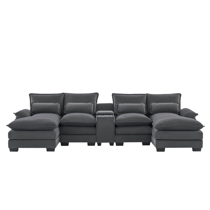 Modern U-Shaped Sofa With Console, Cupholders And USB Ports, 6 Seat Upholstered Symmetrical Indoor Furniture, Sleeper Couch Set With Chaise For Living Room