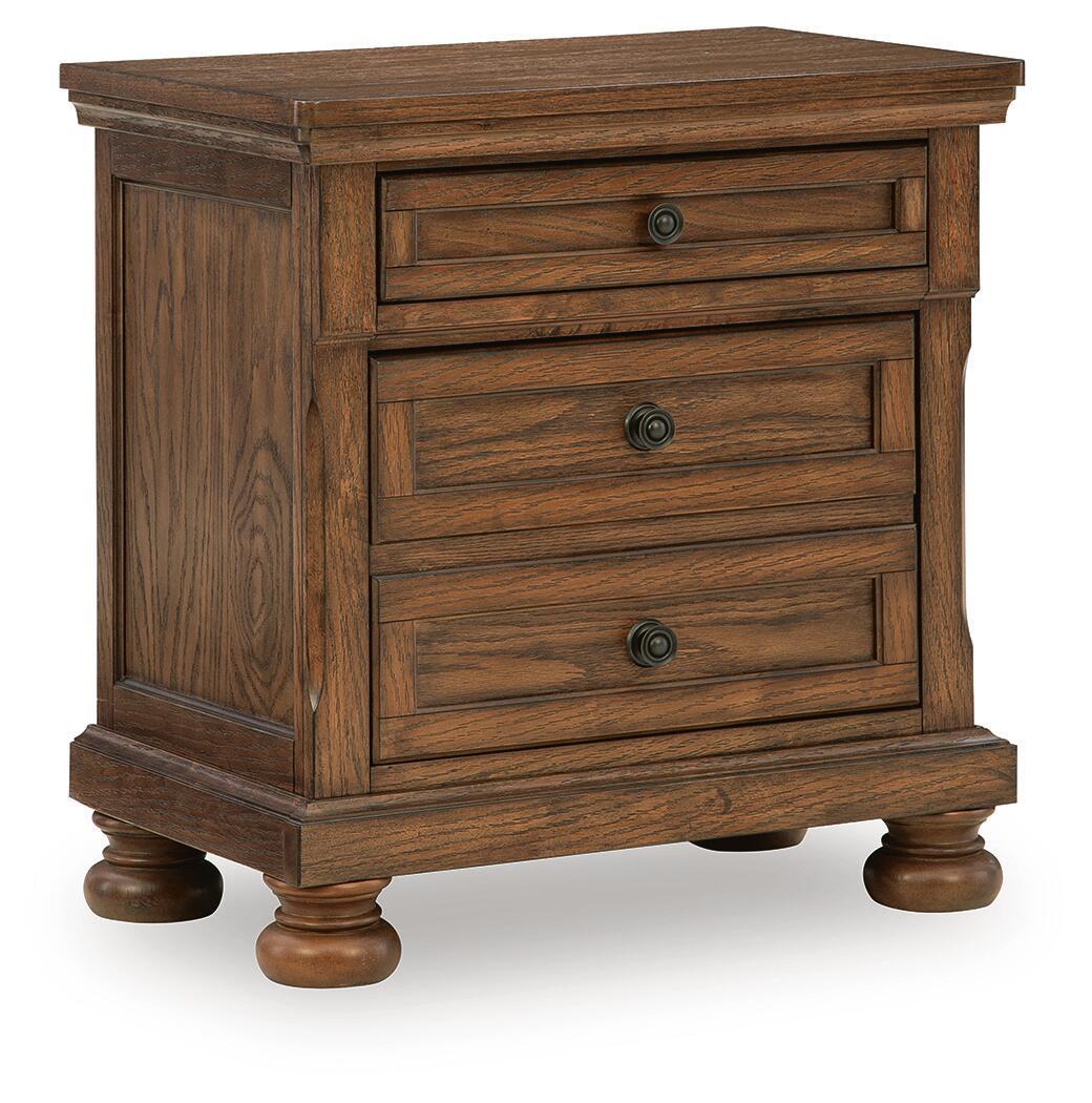 Warm brown wooden nightstand with two drawers, round metal knobs, turned legs