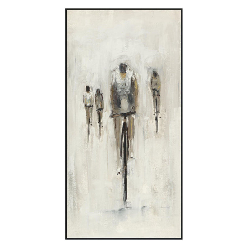 Framed cyclist wall art by Buddy Whitlock, featuring central rider and two side figures