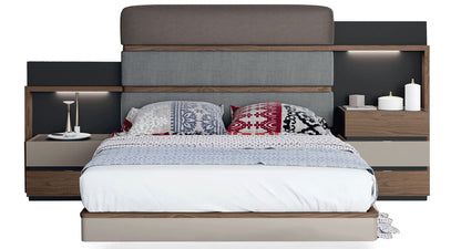 Leo bed with gray upholstered headboard and dark wood side panels, integrated lighting