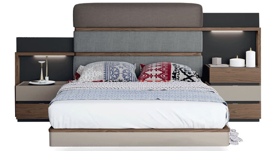 Leo bed with gray upholstered headboard and dark wood side panels, integrated lighting