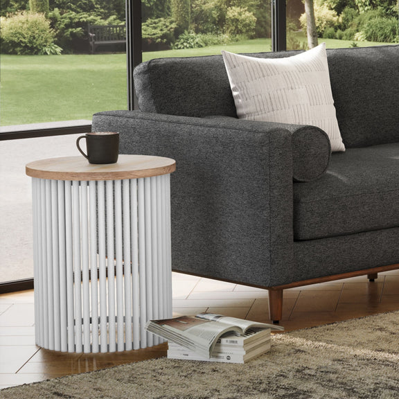 Round metal slatted accent table with light top and white vertical rods