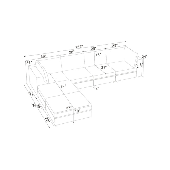 Modular sectional sofa dimension diagram with chaise and ottoman