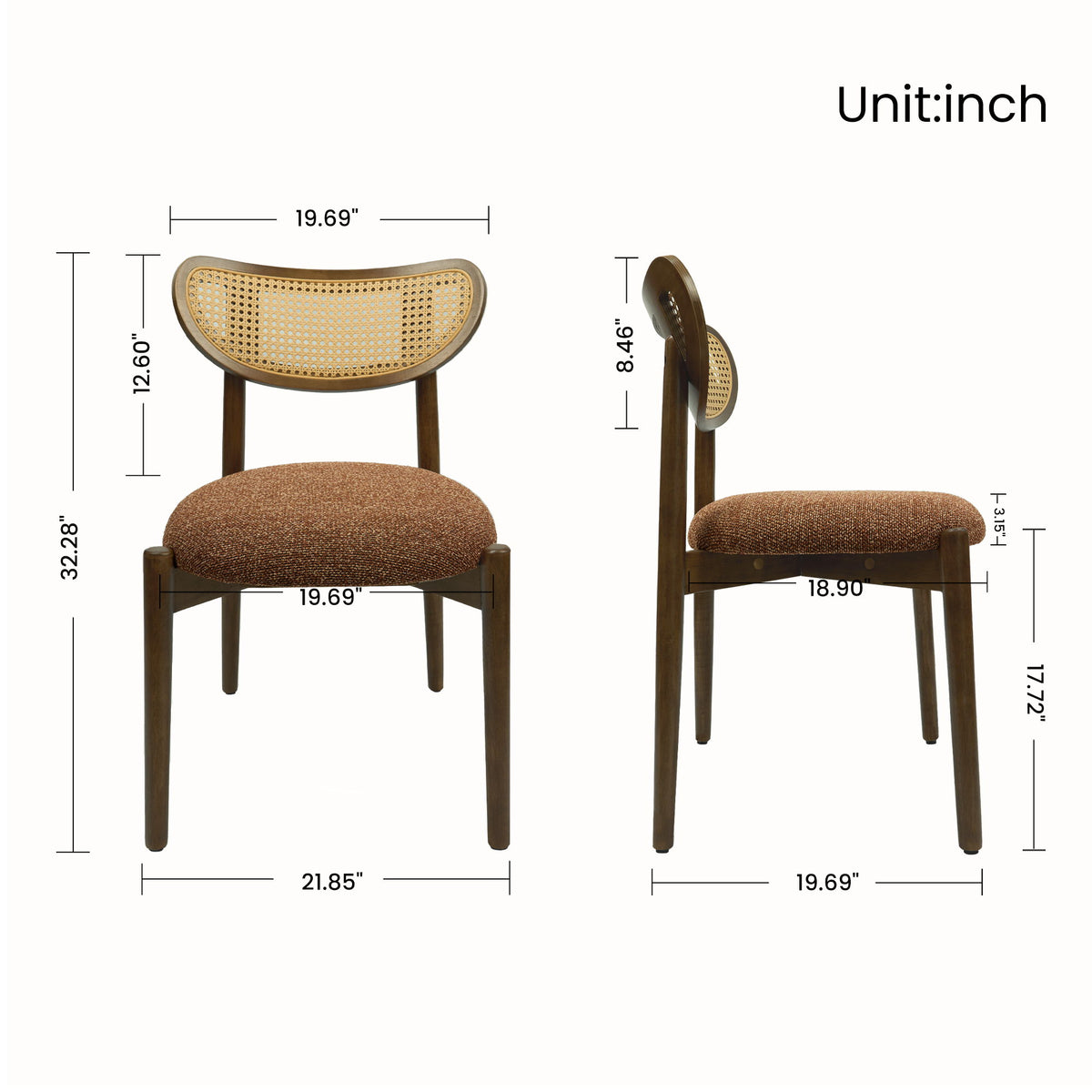 Rattan dining chair pair shown front and side with brown seats and dimensions