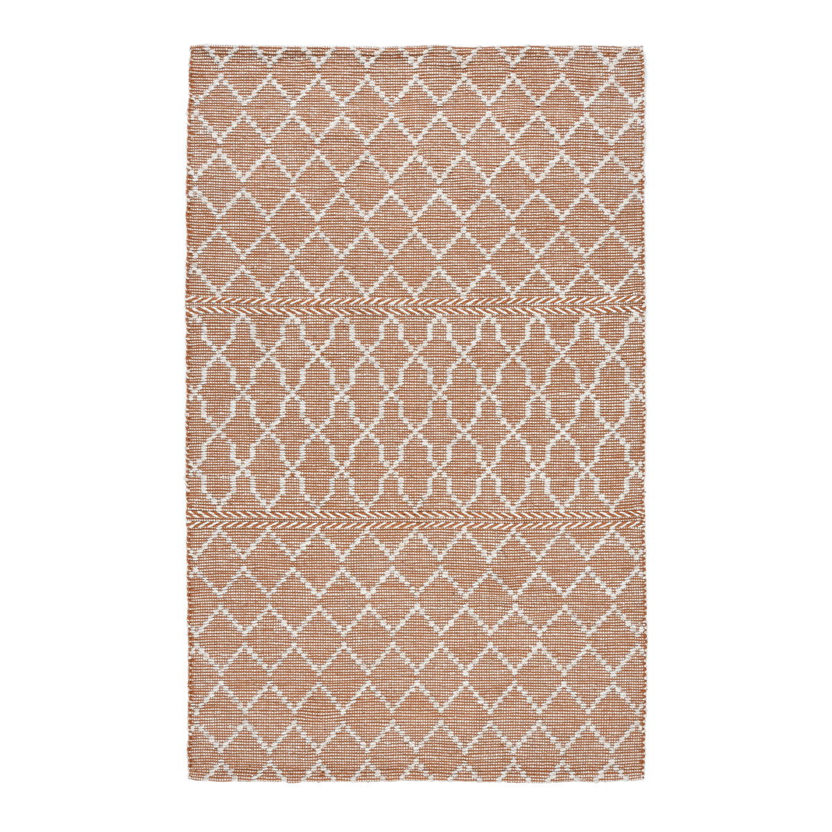 Orange-brown indoor/outdoor rug with white geometric motifs in stacked rows