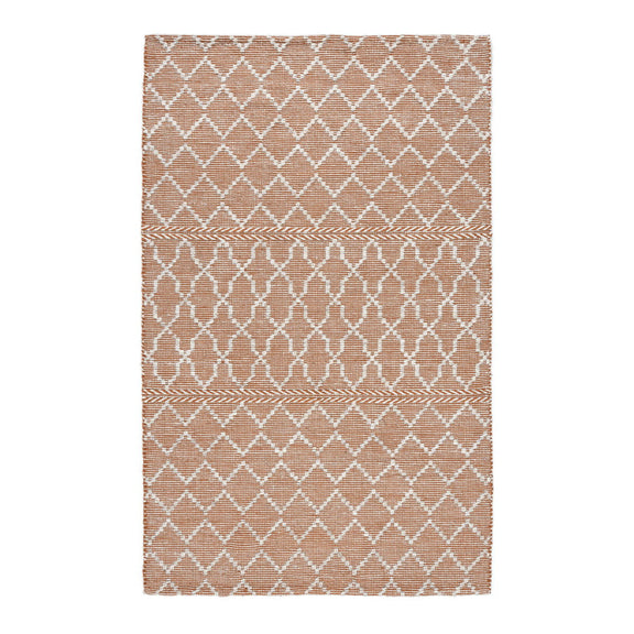Orange-brown indoor/outdoor rug with white geometric motifs in stacked rows