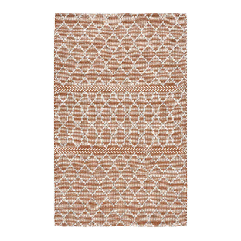 Orange-brown indoor/outdoor rug with white geometric motifs in stacked rows