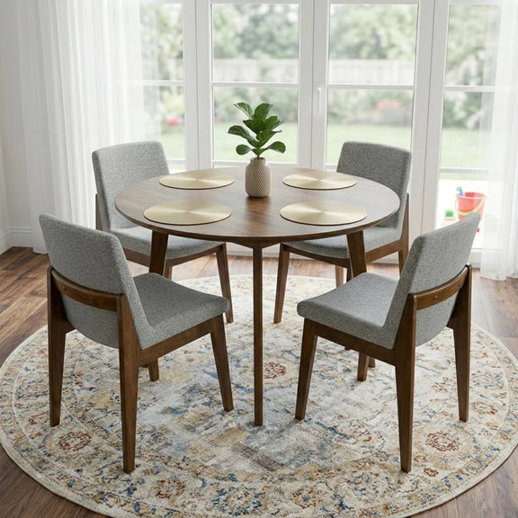 Gray upholstered dining chair with dark wood legs, set of 2