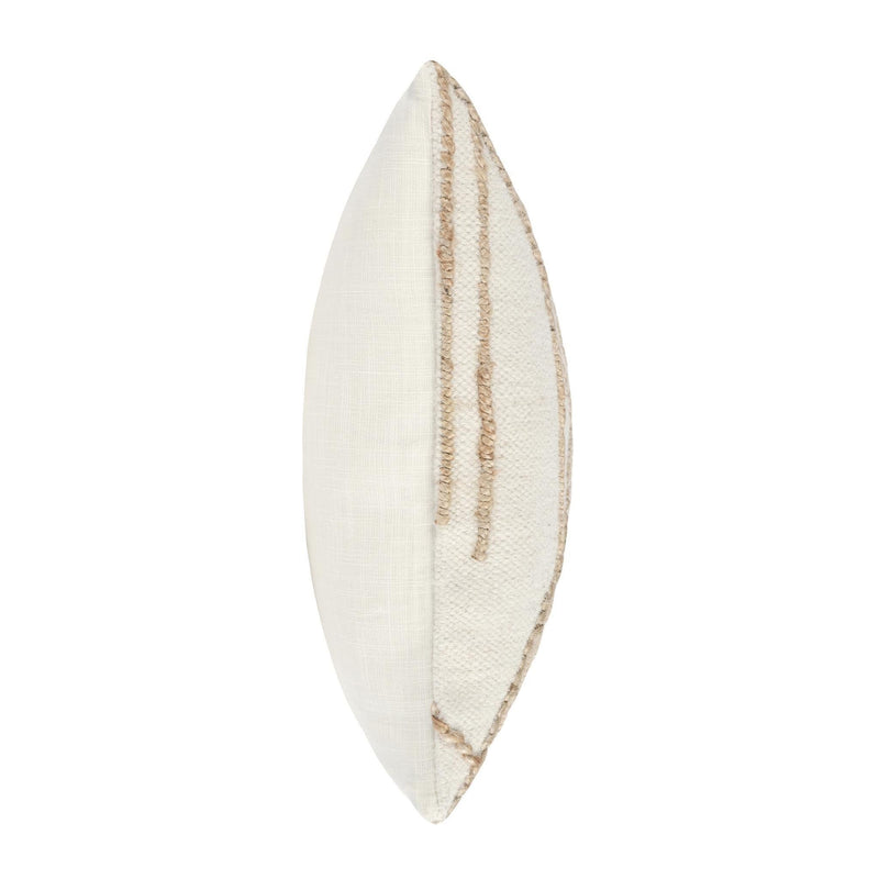 Ivory fabric pillow with natural tan embroidered geometric line pattern, pointed ends