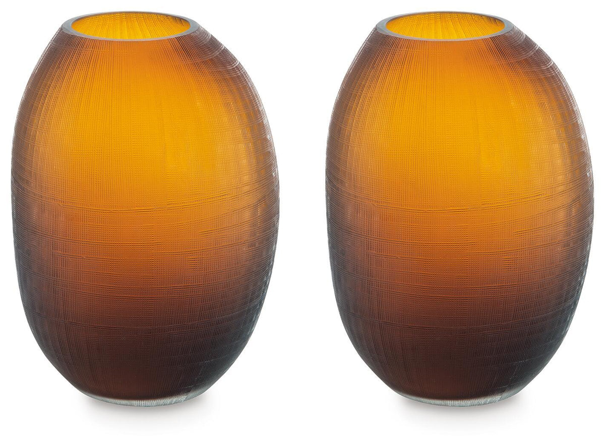 Pair of copper-brown ceramic vases with ribbed pattern and open tops
