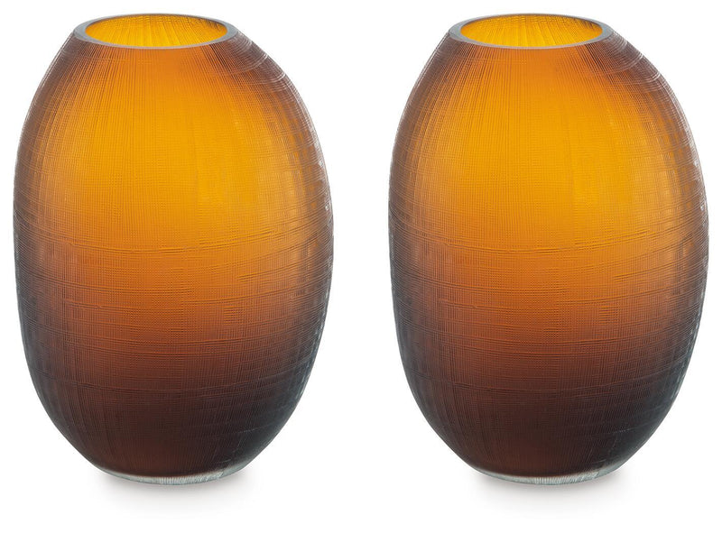 Pair of copper-brown ceramic vases with ribbed pattern and open tops