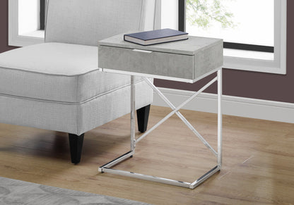 Dark gray accent side table with storage drawer and white X-frame metal legs