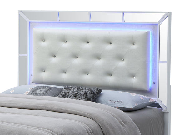 Tufted upholstered queen bed with light-gray headboard and side rails, white frame