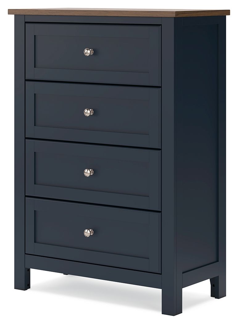 Dark blue four-drawer chest with wood top, four silver knobs, and tapered legs