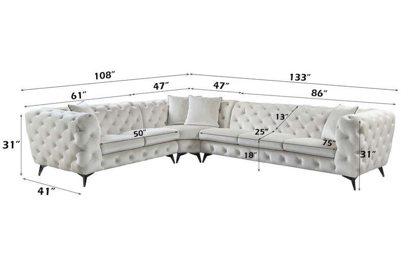 Beige tufted sectional sofa layout with dimensions, corner chaise and legs