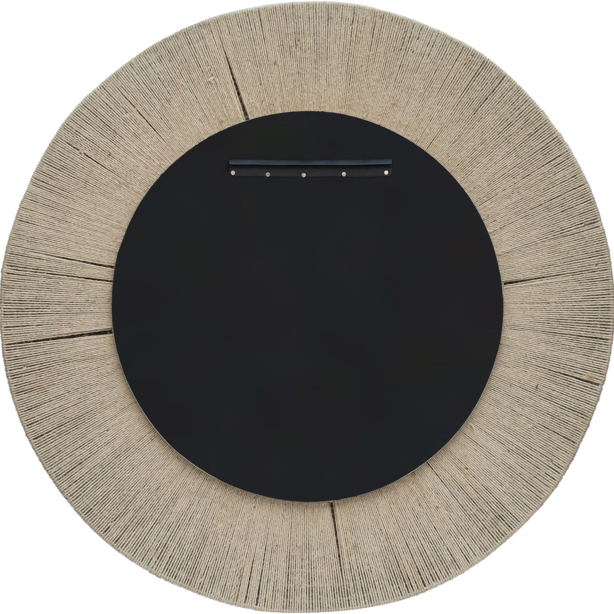 Round jute rope framed mirror with dark backing and small hanging hardware at the top