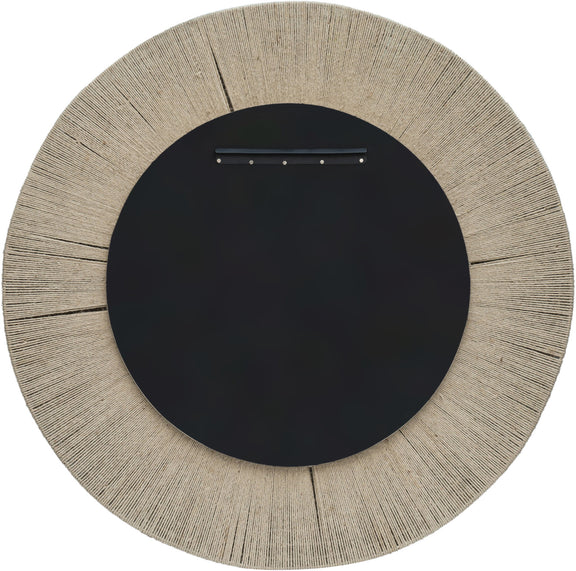 Round jute rope framed mirror with dark backing and small hanging hardware at the top
