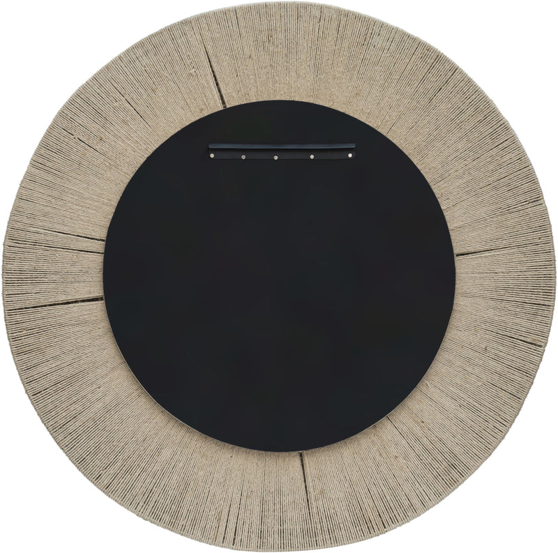 Round jute rope framed mirror with dark backing and small hanging hardware at the top