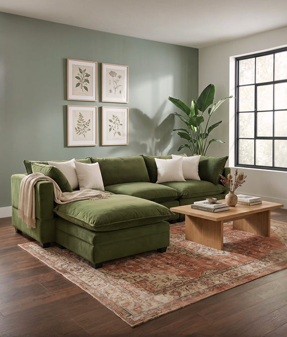 Olive green modular sectional sofa with chaise and matching throw pillows