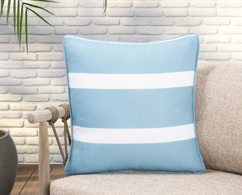 Blue and white striped square throw pillow with piped border