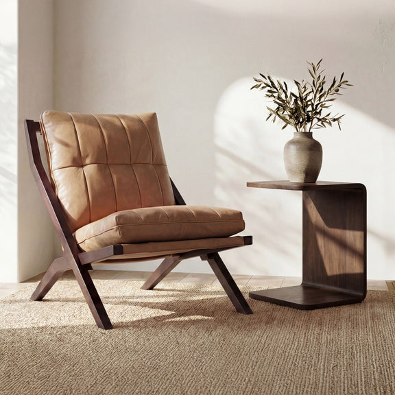 Dark brown wood side table with single open shelf and angled legs