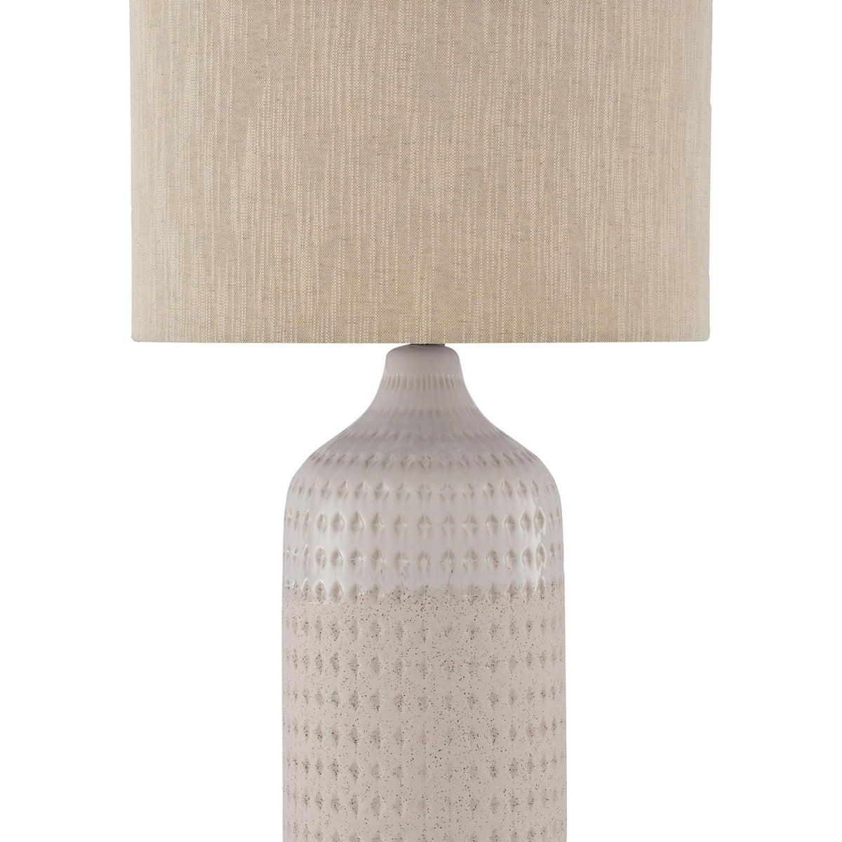 Beige ceramic table lamp with textured white base and beige fabric shade