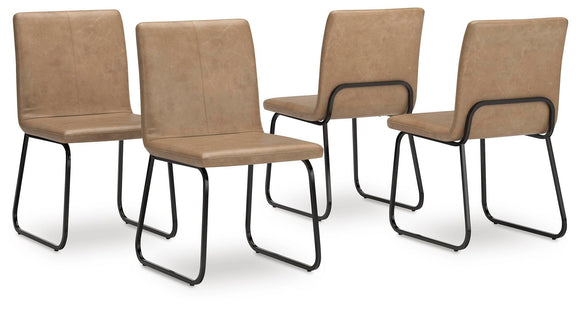 Set of four tan dining side chairs with curved backs and black metal sled legs